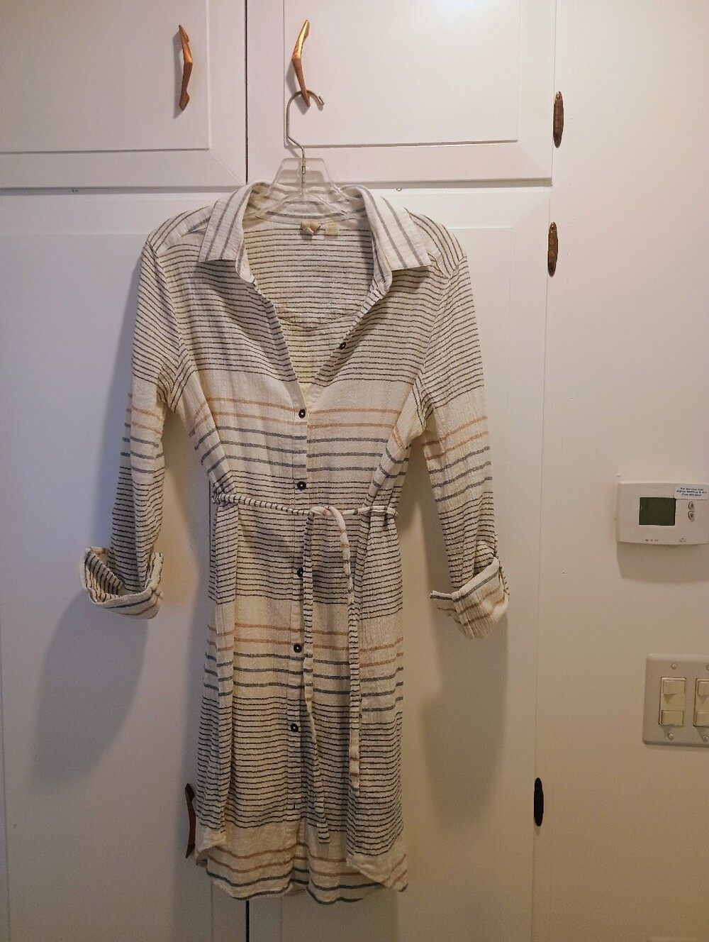 Roxy Striped Button-Front Shirt Dress in Cream and Blue - 100 Cotton - Picture 1 of 7